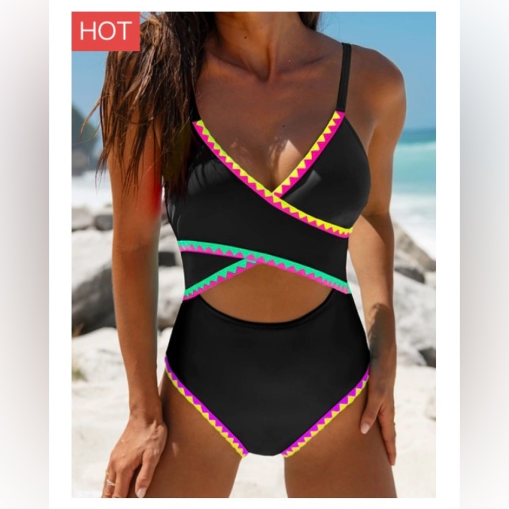 Popvil Black Solid Color Clam Shell Nylon Sxy One Piece